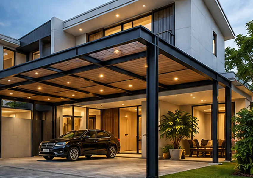 Rumah minimalis dengan struktur kanopi warna hitam
